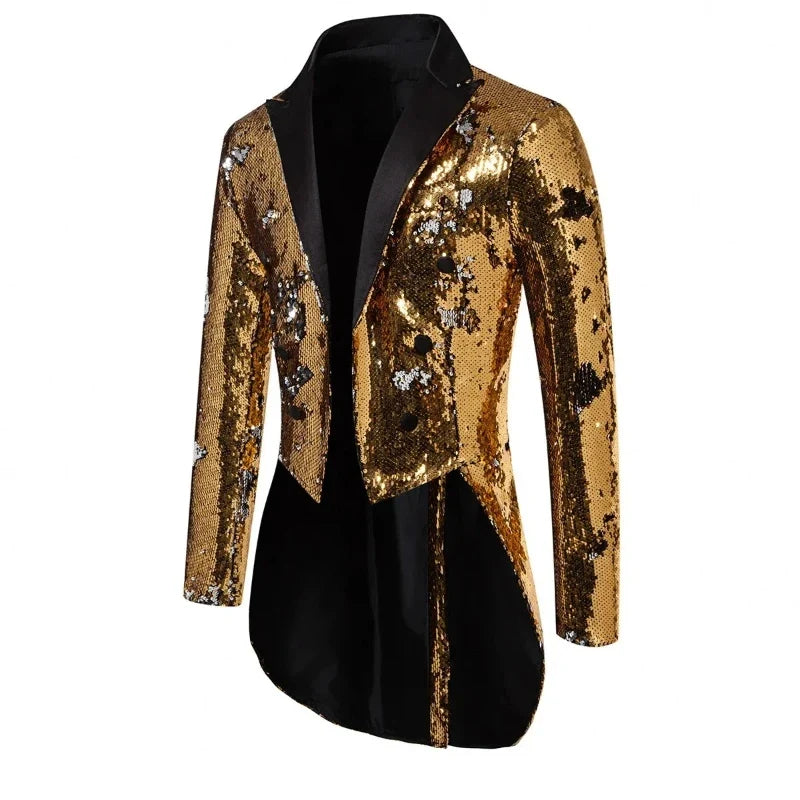 Red Men's Metallic Shiny Sequins Tuxedo, Performance,Party,Stage Performance Dress Coat,Fashion Long Cardigan Suit Jacket,S-XXL