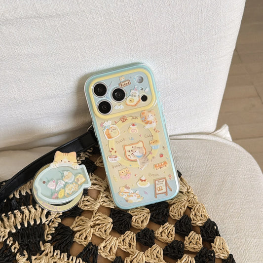 Fashion iPhone case Cat & Dessert Print Phone Case With Matching Stand For IPhone 15 16 17 Pro Max Shockproof Protective Cover