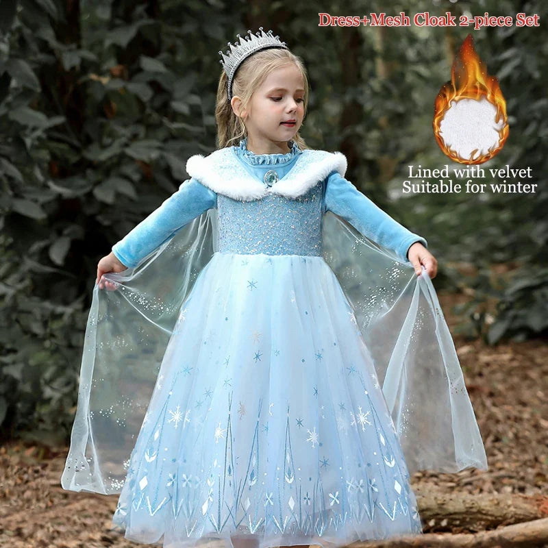 Girls' Spring 2026 New Velvet Elsa Frozen Princess Dress Kids Blue Cape 2 Piece Set Warm Dresses For Girl Party 3-9 Years Old 