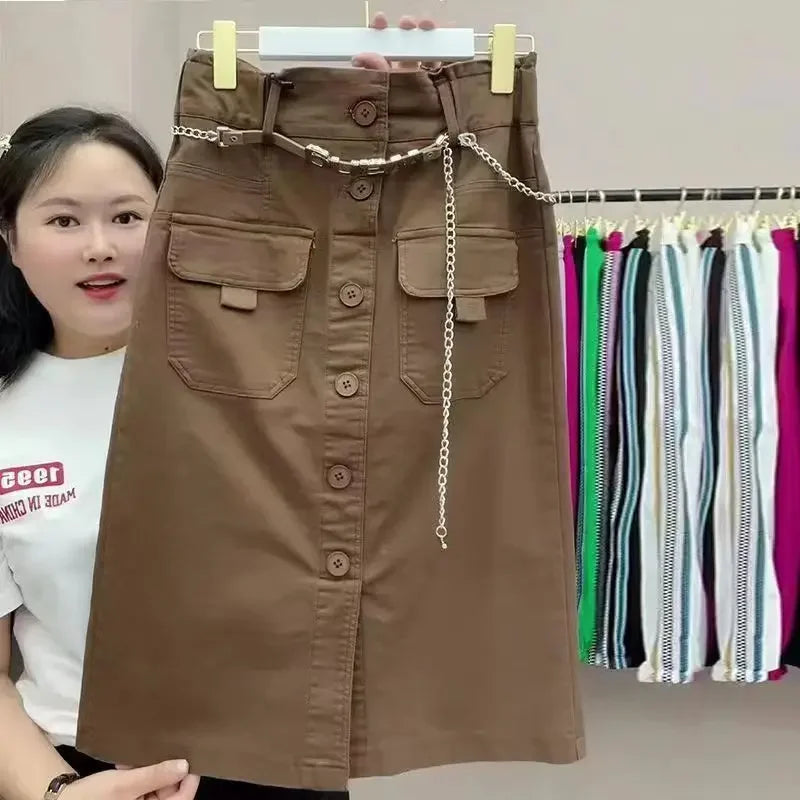 2026 Spring Summer New Women's High Waist Slim Skirts Female Fashion Buttons A-line Skirts Ladies Solid Color Casual Skirts