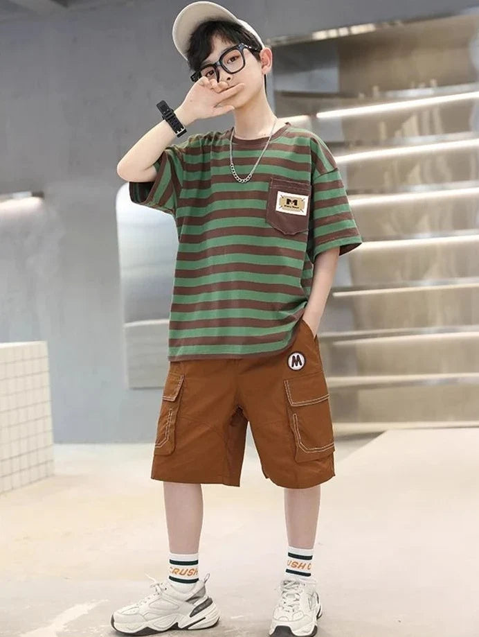 Stripes Children's Outdoor Clothes 4 Years Clothing Suit for Kids Boys Top Bottom Set Junior Shorts Summer Boy Child T-shirt 7 8