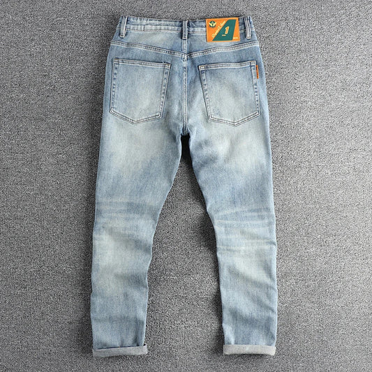 New wash light blue ground white jeans men's spring American fashion brand small straight leg retro casual youth pants