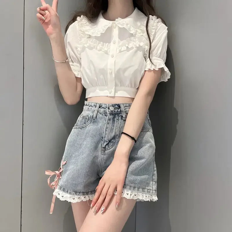 Aesthetic Design Short Jean Pants Woman Wide Lace Denim Shorts for Women Korean Style Hot Summer Low Price XL Outfits Wholesale