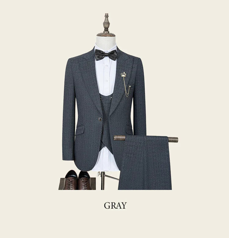Black Men Suit 3 Piece Set Gray Elegant Slim Fit Formal Office and Leisure Banquet Groomsman Set Groom's Wedding Dress