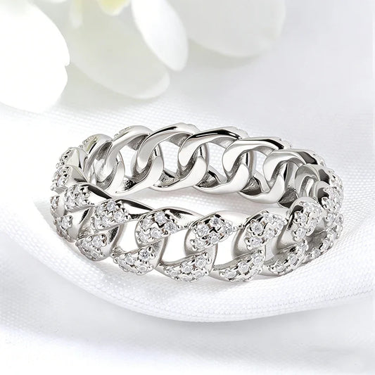 Moissanite Iced Out Cuban Link Rings Pure 925 Silver Bling Hip Hop Chain Ring for Women Men Couple Jewelry D Vvs1 Band