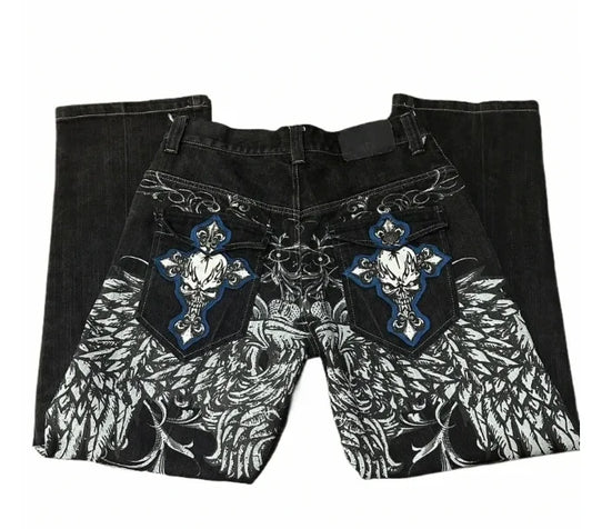 Jeans embroidered hip-hop wide-leg floor-moving Y2K mid-waist gothic individual men's pants American retro fashion trousers