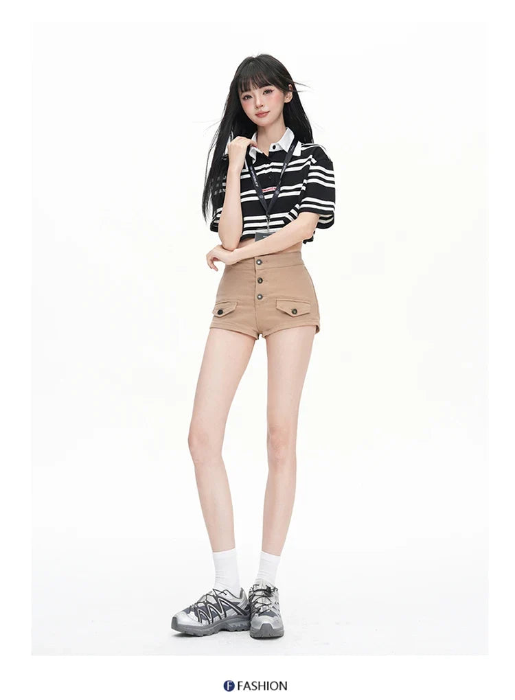 Pure Desire Slim Hip Hugging Hot Pants Old Money Style Hip Enhancing Multi Button High Waist Tight Summer New Denim Shorts