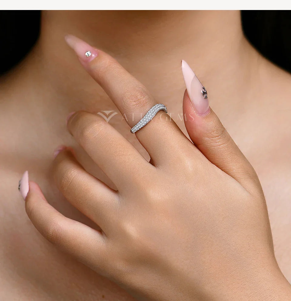 Sparkling Full D Color Moissanite Ring for Women VVS1 Lab Diamond Wavy Band S925 Sterling Silver Stackable Wedding Gift