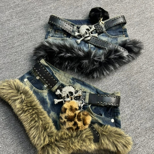 Japanese Gothic Style Denim Shorts Women Vintage Fashion Plush Patchwork Slim Short Pants Girls Casual Y2k Aesthetic Jean Shorts