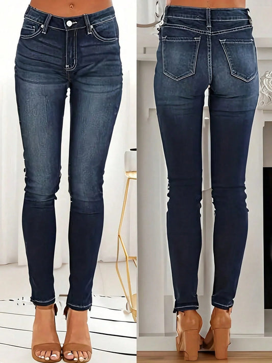 Women's Fashionable Elegant Casual Versatile Washed Cat's Whisker Pattern Skinny Fit Denim Jeans for Daily Wear