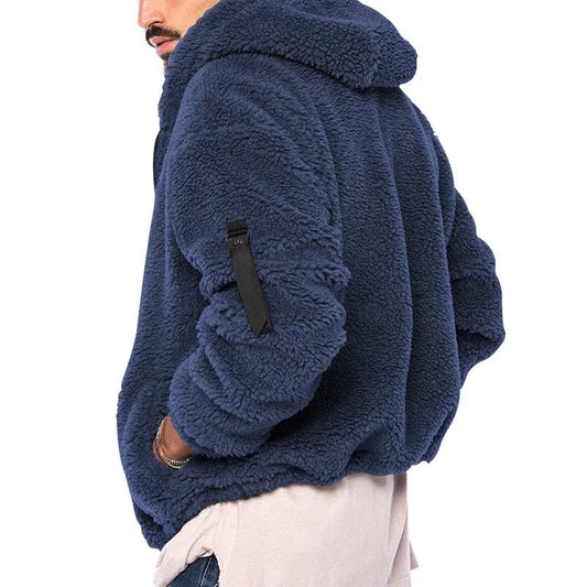 Men's Winter Zipper Fleece Hooded Jacket Vintage Casual Streetwear Loose Solid Color Hoodie with Pockets Leisure Fashion Coat