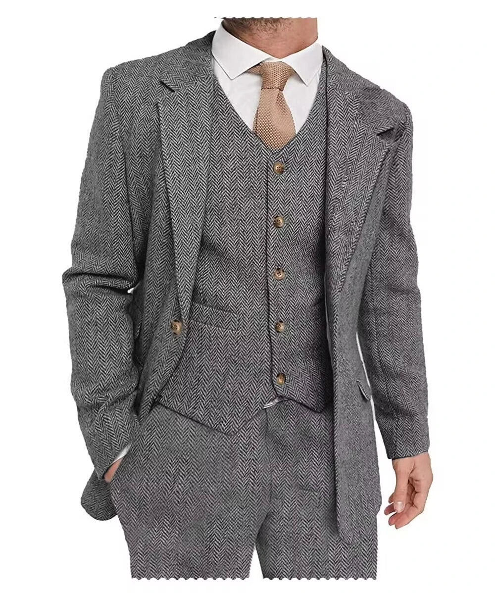 Men 3 Pieces Brown Herringbone Suit Formal Business Tweed Groom Tuxedo for Men Business/Wedding Men's Suit Jacket Vest Pants Set