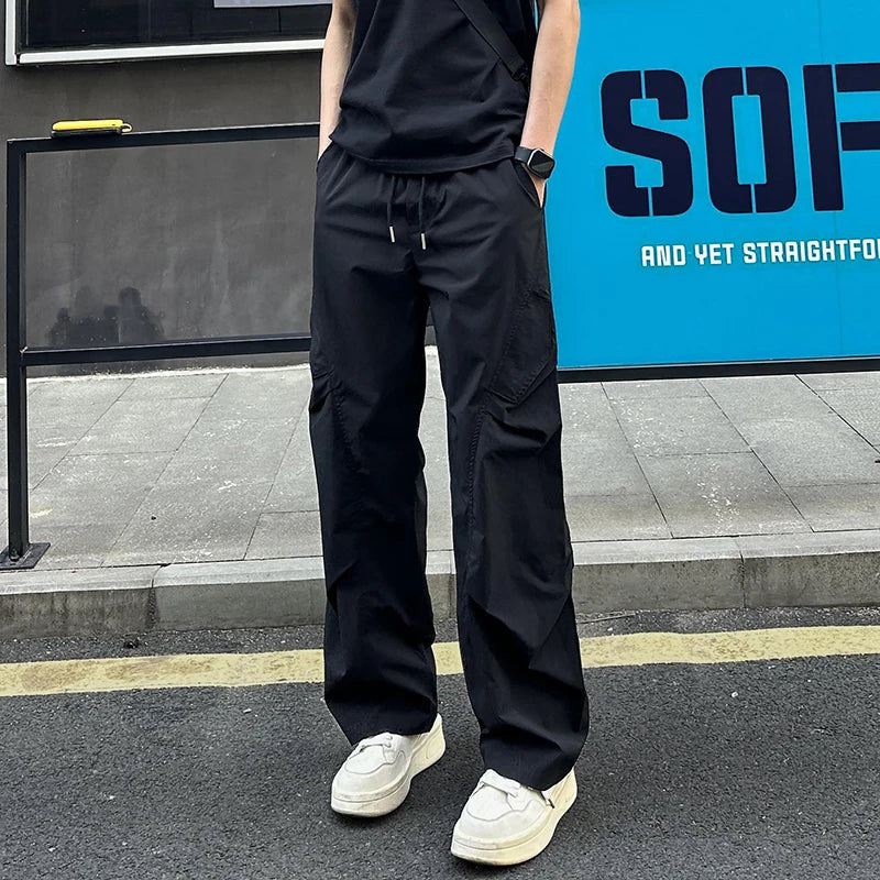 New High Street Pants Mens Casual Straight Trousers Wrinkled Trendy Streetwear Summer Lightweight Essentials Couple Cool Pants