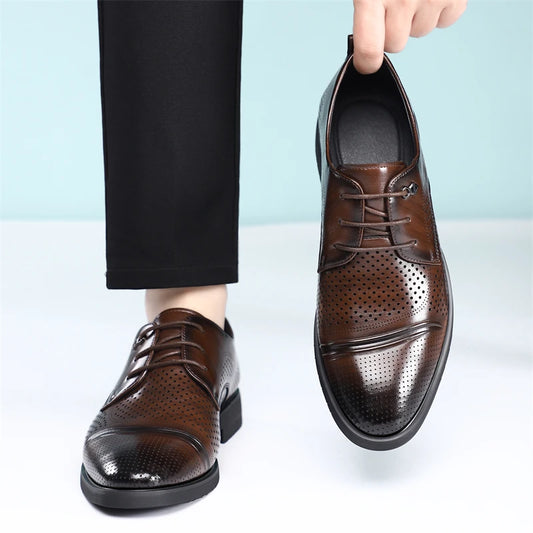 Men's Summer Breathable Leather Shoes Hollow out Fashionable Slip-On Comfortable Anti-Slip Soft Bottom Derby Shoes-SJ2501-1
