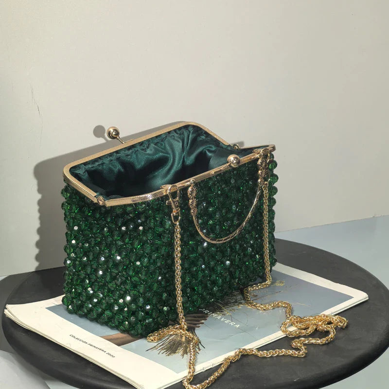 Emerald Green Handmade Beaded Clutch Bag | Vintage Gold Frame Evening Purse with Chain Strap for Party/Wedding/Cocktail