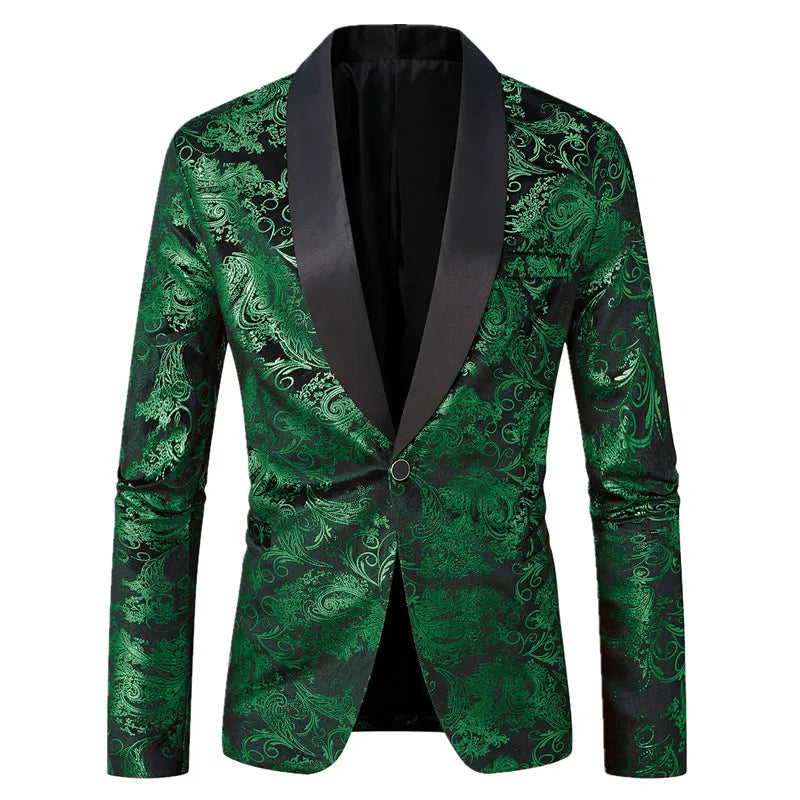 Men's Long-sleeved Suit Jacket, Purple Printed Black Collar Single-button Coat, Wedding/Party/Stage Performance Blazers