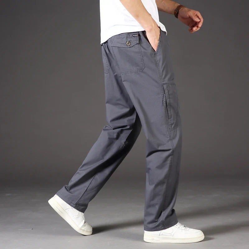 Men's 100% Cotton Cargo Pants Multi-pocket Elastic Waist Pants Big and Tall Mens Trousers Loose Fit Gym Sports Men's Pants