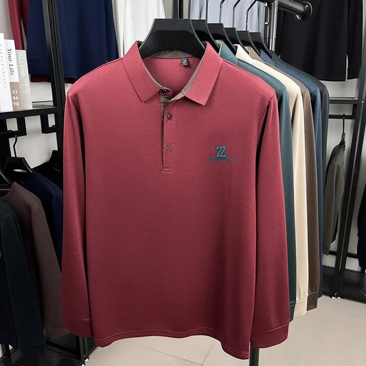 Men's High End Brand Print Solid Color Lapel Polo Shirt Autumn New Skin Friendly Long Sleeved T-shirt Fashion Versatile Menswear