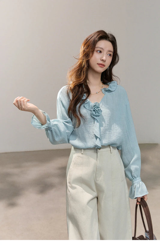Women's Asymmetric Ruffled V-neck Shirt Spring Light Blue Floral Applique Ruffle Cuffs Top Elegant Loose Shirt MXF14C2448