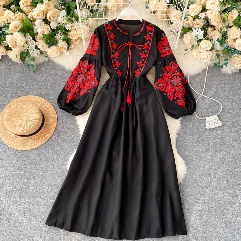 n Sle Embroidered Flower Long Sve Loose Fit Lantern Sve Gathered Slimming A-Line Dr Women's round Ne Dr