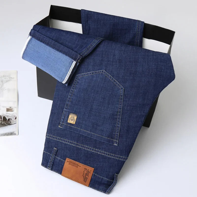 Light Blue Classic Business Casual Cotton Pants Fashion Breathable Denim Elastic Trousers Brand Men's Clothing Straight Jeans