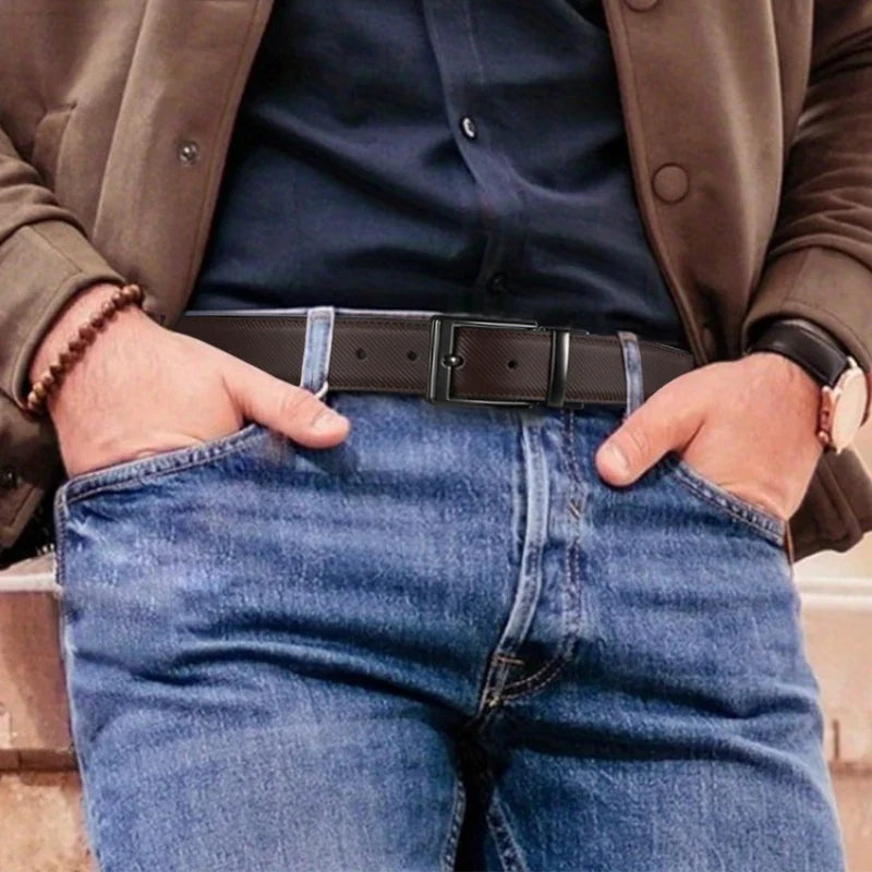 1pcs Men's Leather Reversible Belt, Rotate Black Buckle