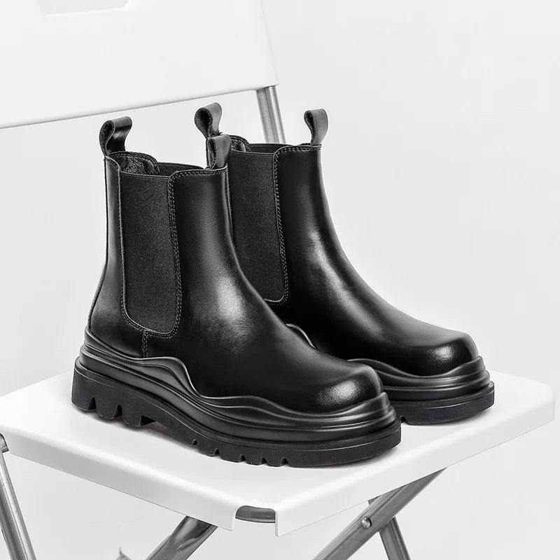 Fashion Mens Sheoes Platform Chelsea Boots Thick Bottom Split Leather Ankle Boots Male Footwear Round Toe Short Boots