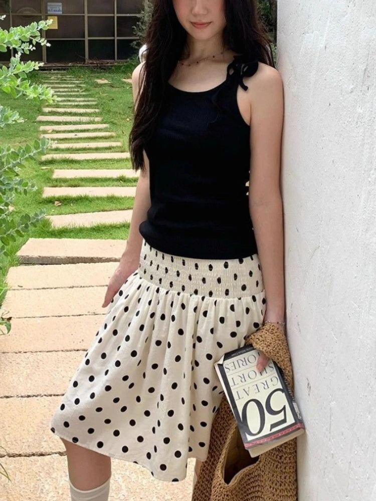 Deeptown Korean Style Polka Dot Skirts Women Sweet Elegant Y2k Ruffle Skirts Vintage Summer Femal A-line Mid Skirts Aesthetics