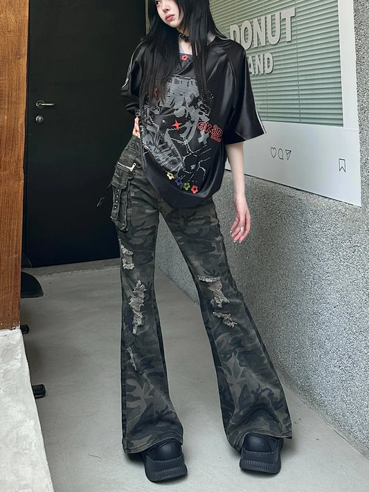 2025 Autumn Winter Women's Harajuku Denim Flare Pants Low Rise Camouflage Cargo Jean Bell Bottom Y2k Cowbow New In Kpop Grunge