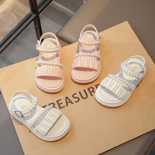 Girls Sandals Pleated Ins Trendy Kids Princess Shoes Beads Sweet Soft Sole 2025 Summer New Children Beach Shoes Open Toes Cute