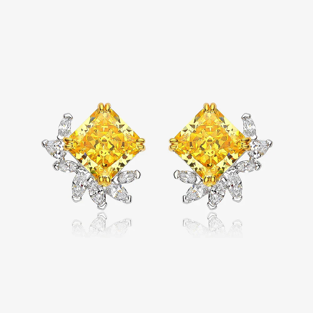 10x10mm 11 Carats Square Yellow 5A Zircon Flower Stud earrings for women S925 Sterling Silver Wedding party Bride jewelry