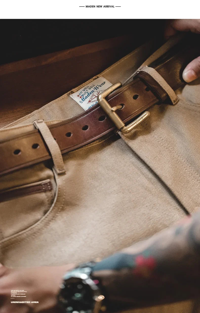 Men Khaki Raw Jeans 11.7OZ Redline Selvedge Denim Jeans Amekaji Straight Pants Male Casual Trousers Hombre Solid Pants