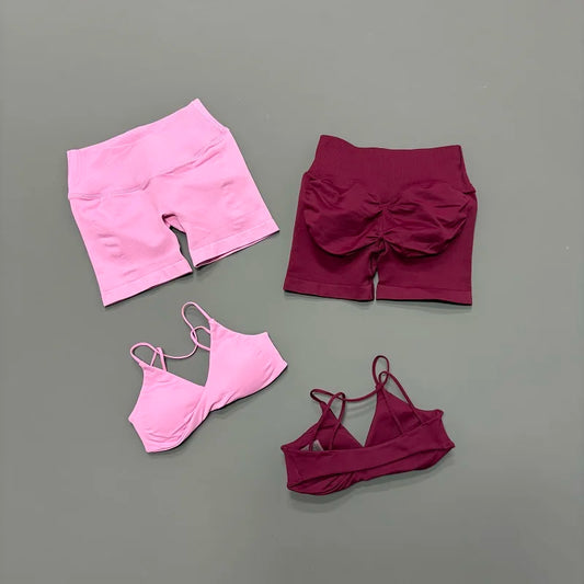 Women 2 Piece Gym Set Seamless Yoga Sports Bra V Neck Twist Front Tummy Control Butt Lifting Shorts Fitness Running Workout Set