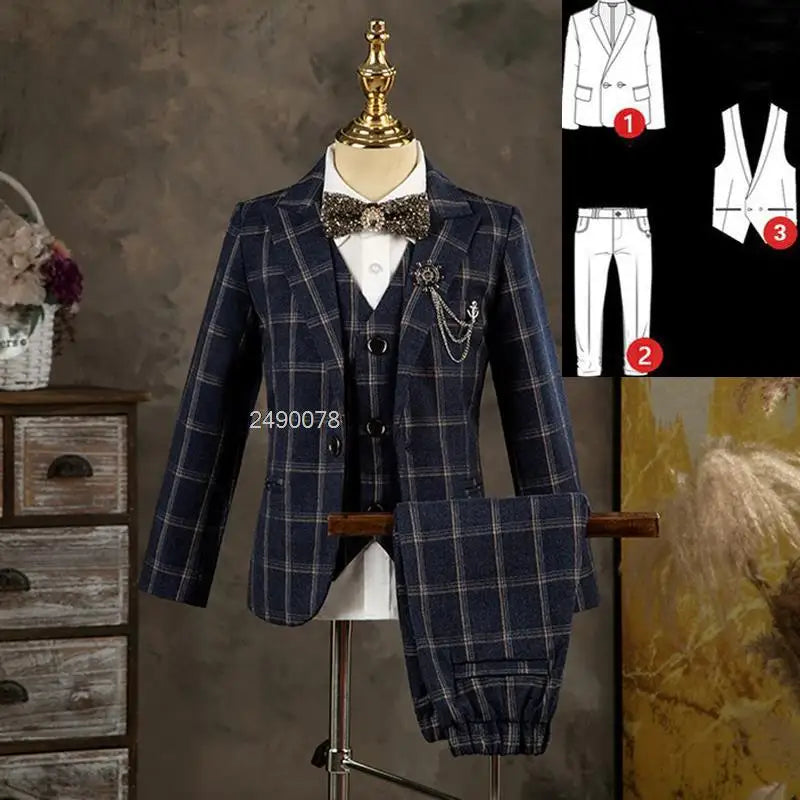 Kids Jacket Vest Pants 3PCS Photograph Dress Children Formal Wedding Suit Boys Birthday Mariage Performance Celebration Costume