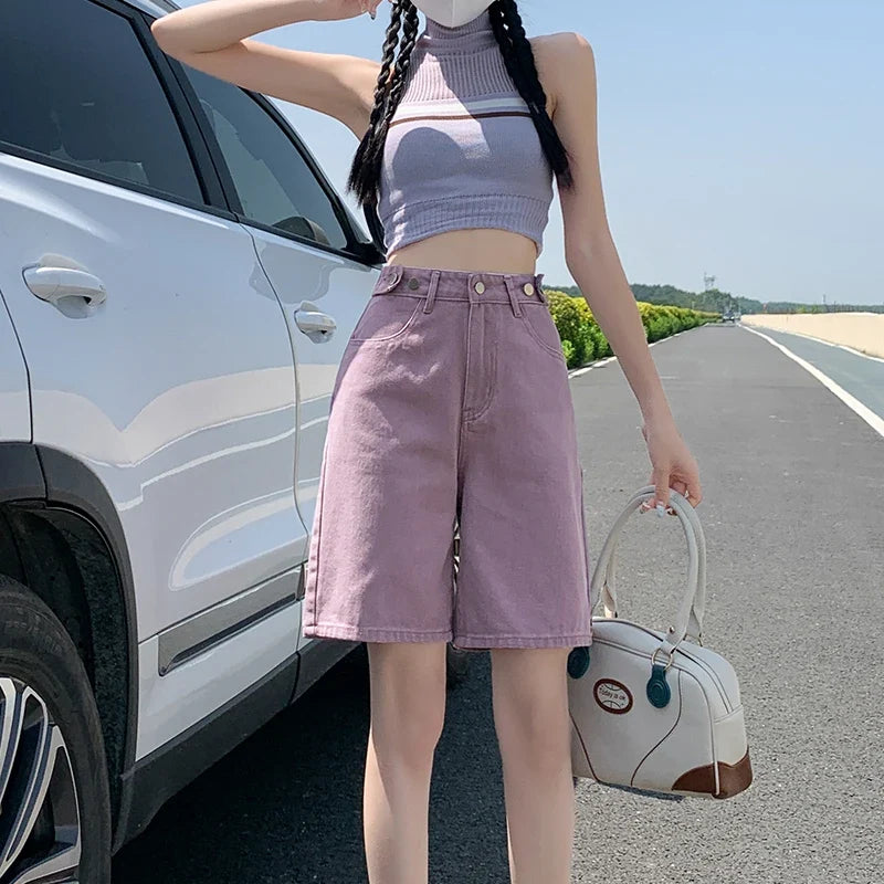 Summer New Korea Fashion Loose Women Jeans Shorts Purple Pink High Waist Straight Pockets Female Wide Short Pants