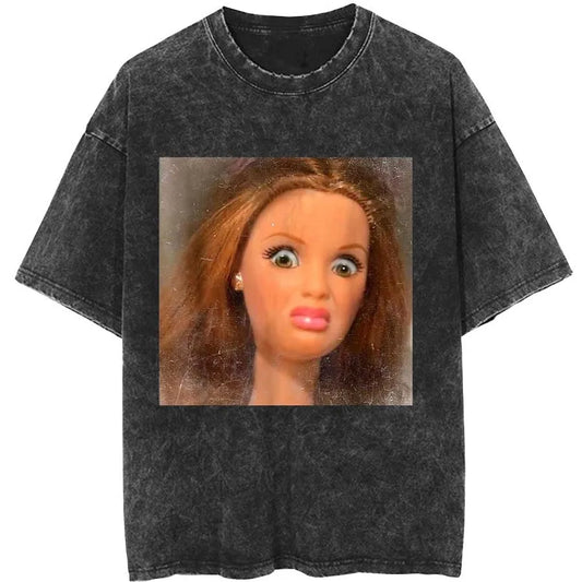 Funny Distressed Doll Face Meme Smoking Oversized T shirt 100% Cotton Vintage Washed T-shirt for men women P724