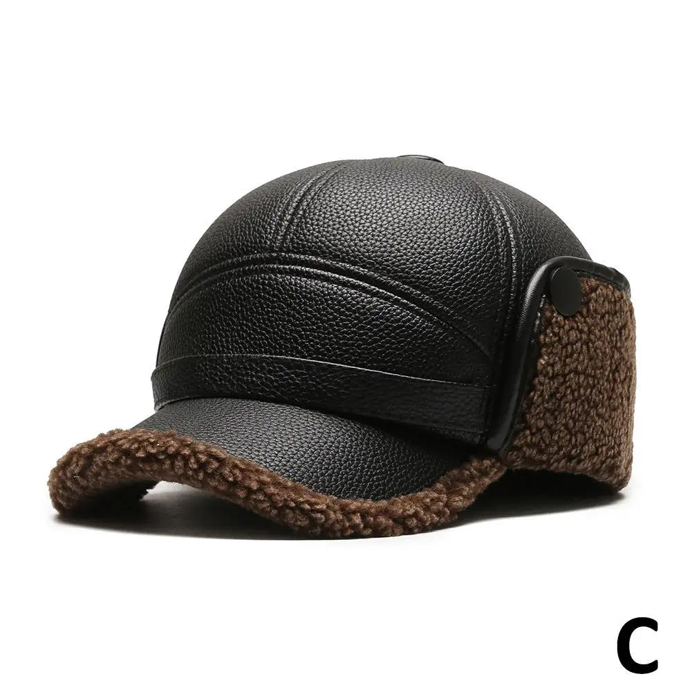 Winter Baseball Cap Men PU Leather Bomber Caps Middle Elderly Dad Hat With Earflaps Thicker Warm Windproof Tongue Hat Keep Warm