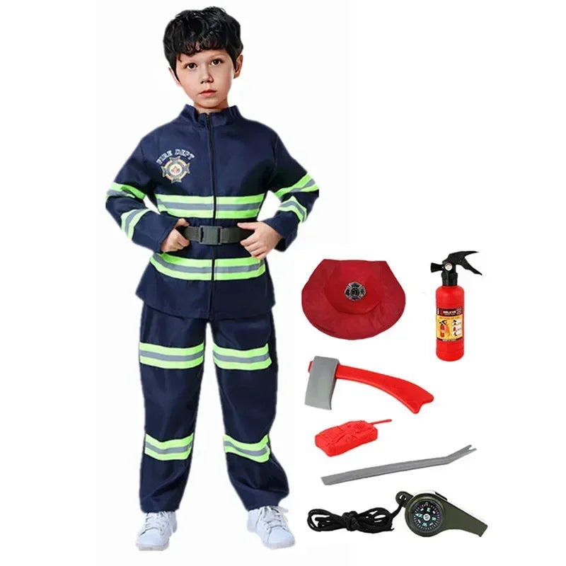 Kid Red Firefighter Costume with Reflective Stripes Zipper Suit Includes Fire Toy Set for Holiday Cosplay Dress Up Party Cosplay