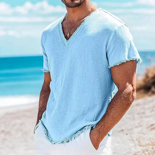 2026 Men's Summer Shirt Men's Retro V-Neck Cotton Linen Shirt Hawaii Casual Short Sleeve Beach Tops Outdoor Vacation Shirt