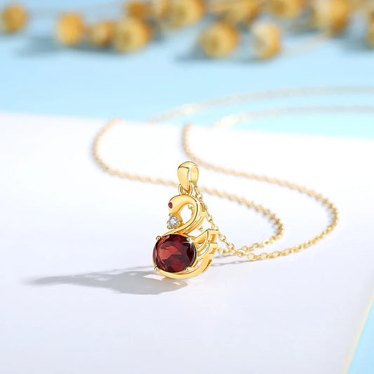 Exquisite 18K Natural Garnet Crystal Swan Pendant Necklace for Women AU750 Solitaire Choker Red Corundum Zircon Jewelry Gift