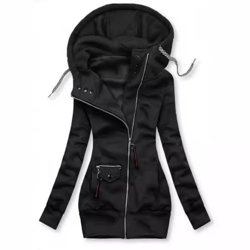 Drawstring Ladies Hooded Outerwear Sweatshirt Fashion Long Sleeve Zip-up Women Versatile Tops Coat Jacket for Spring Autumn