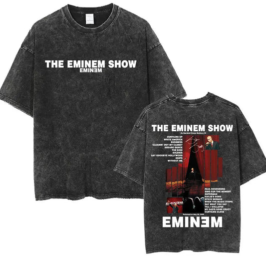 90s Rapper Eminem World Tour Music Graphic T Shirts Men's Cool Hip Hop Vintage Washed Oversized T-shirt Unisex Gothic Streetwear
