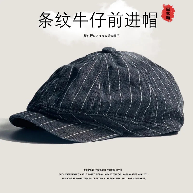 Japanese Retro Washed Striped Denim Forward Hat Men's and Women's Spring and Autumn British Outdoor Sunshade Newsboy Caps Gorras