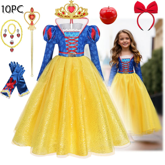 Deluxe Snow White Gown Set with Accessories Princess Costume Fairy Cosplay for Girls Kids Toddler Carnival Party Vestido