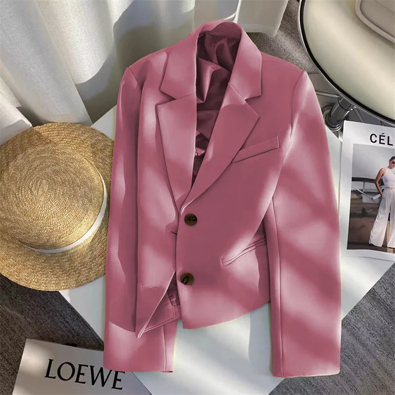 Black Cropped Blazers Woman Trend 2025 New All-match Notched Collar Crop Jacket Women Korean Chic Single Button Suit Coat Tops