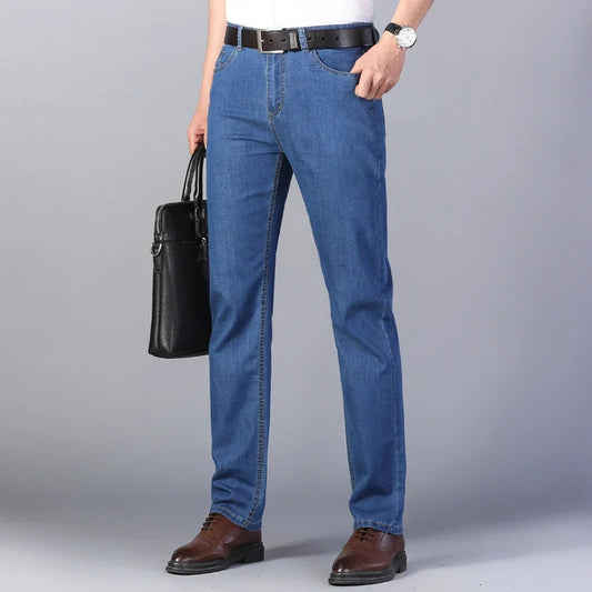 Summer New Elastic Men's Jeans Fashion Comfortable Business Straight Stretch Cotton Casual Denim Pants Brand Male Thin Trousers