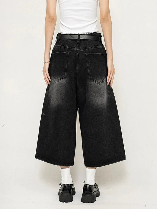 Boyfriend Style Women Whiskers Denim Shorts Big Size Vintage Casual Wide Pants Baggy Jeans Jorts Grunge Y2k Streetwear