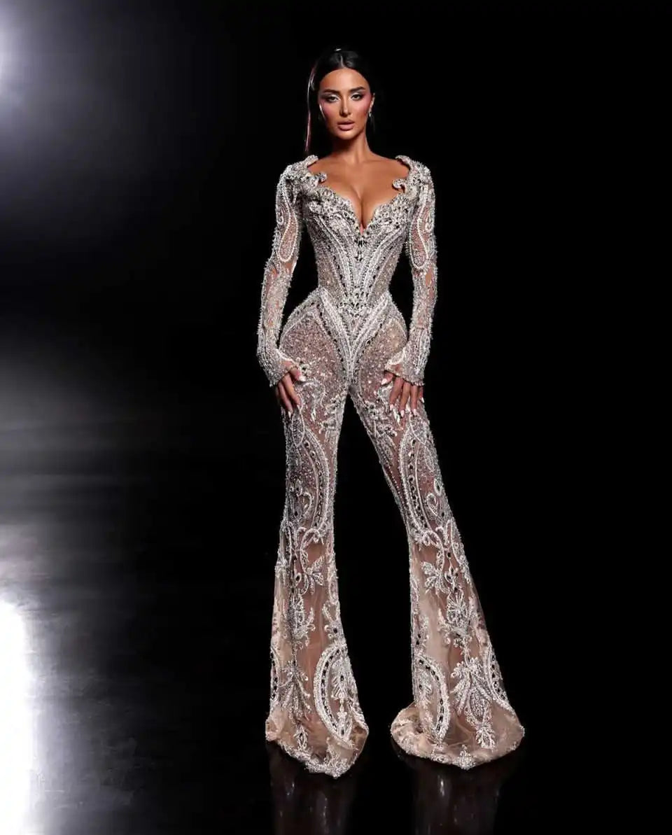 Luxurious V Neck Prom Dresses Long Sleeve Lace Crystal Evening Dress Flare Pants Jumpsuits Celebrity Party Gown