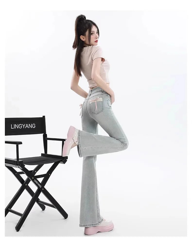 High Waist Bell Bot Denim Jeans Women's Light Color Peach Butt Design Slimming Fitted Floor Length Hoof Pants