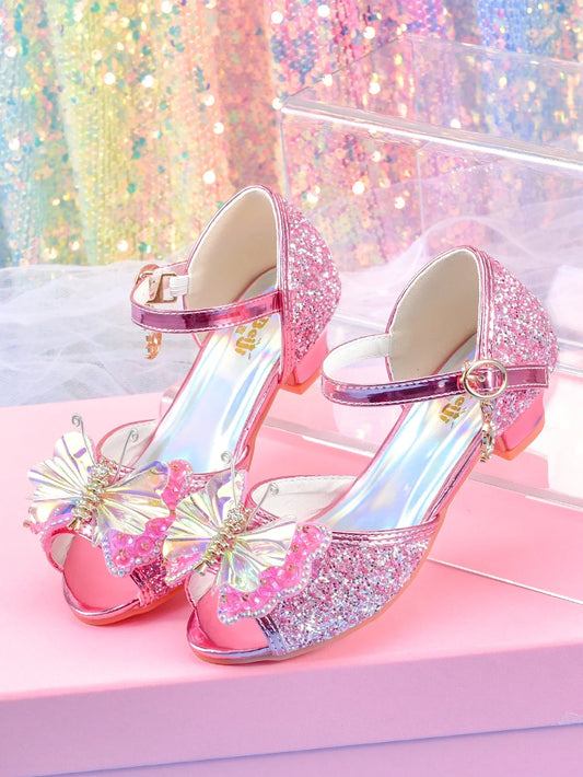 Women's girls' fashionable crystal bow high heels, student princess shoes